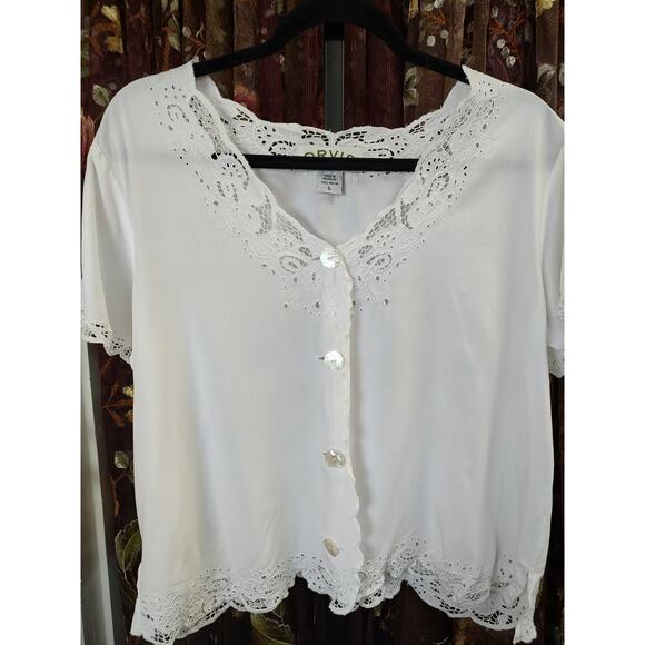 Orvis Women's White Button Front Lace Accent Blouse Large - Picture 1 of 16